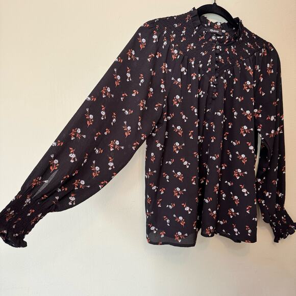 Madewell Top Women XS Black Tossed Floral Smock Neck Crinkled Long Sleeves - Picture 4 of 14